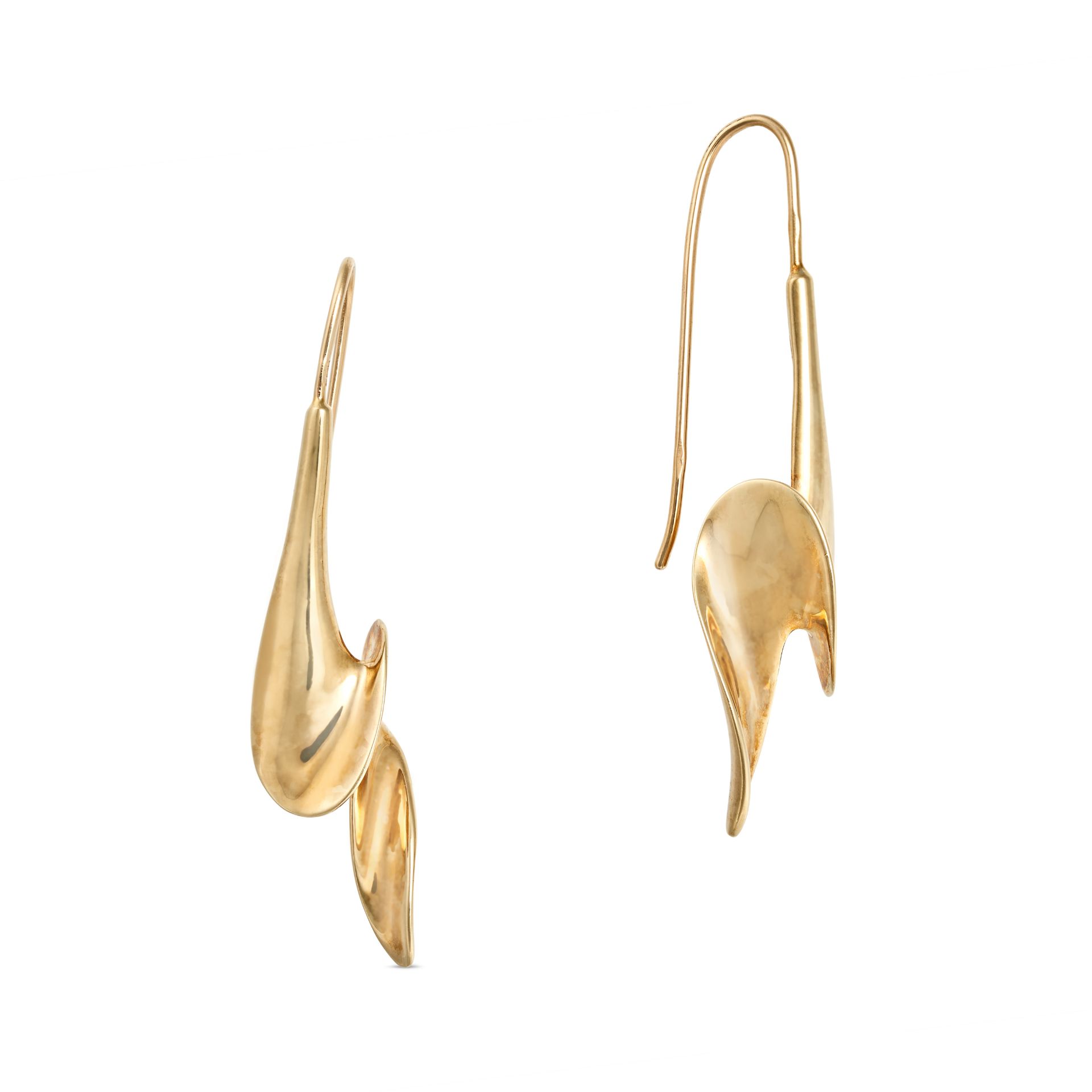 A PAIR OF VINTAGE GOLD DROP EARRINGS in 9ct yellow gold, each in an abstract sculptural design, s...