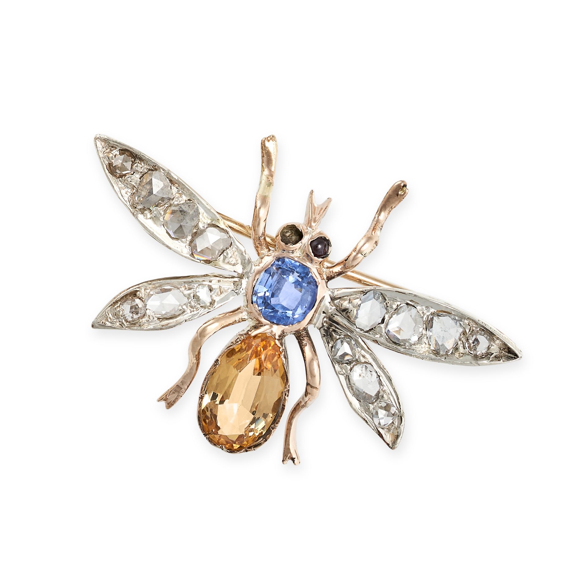 AN ANTIQUE IMPERIAL TOPAZ, SAPPHIRE, GARNET AND DIAMOND INSECT BROOCH in yellow gold and silver, ...