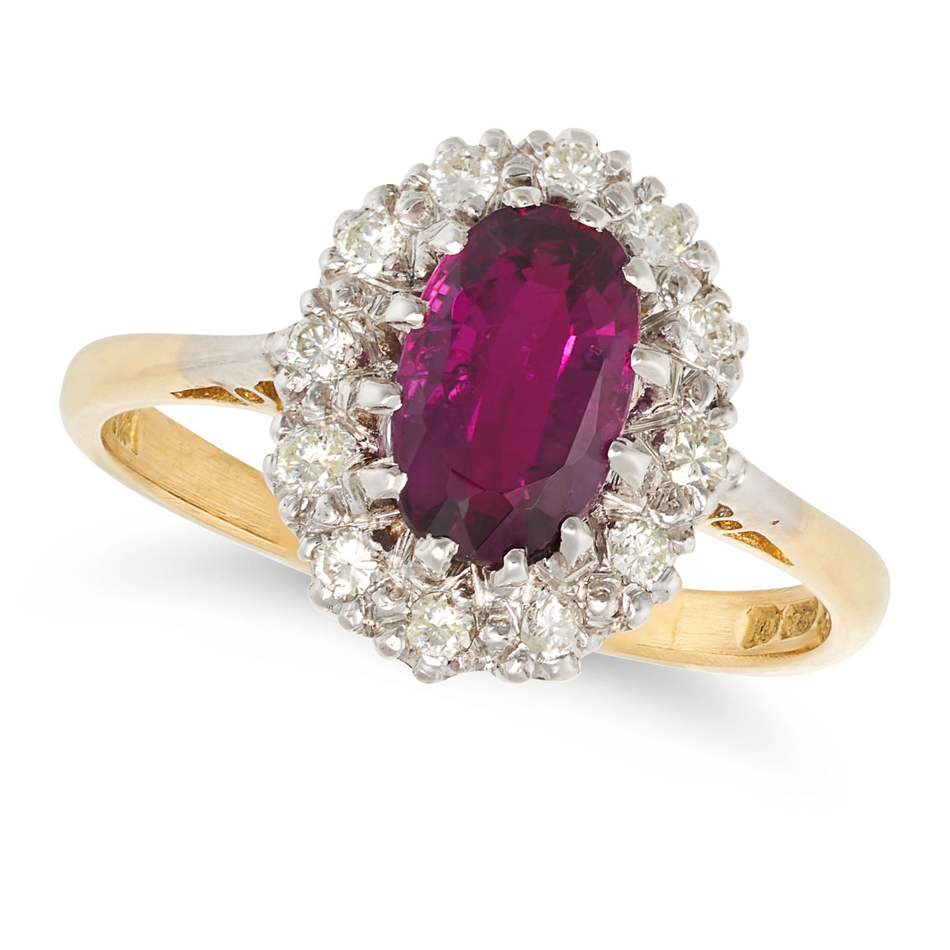 AN UNHEATED RUBY AND DIAMOND CLUSTER RING in 18ct yellow gold, set with an oval cut ruby of 1.44 ...