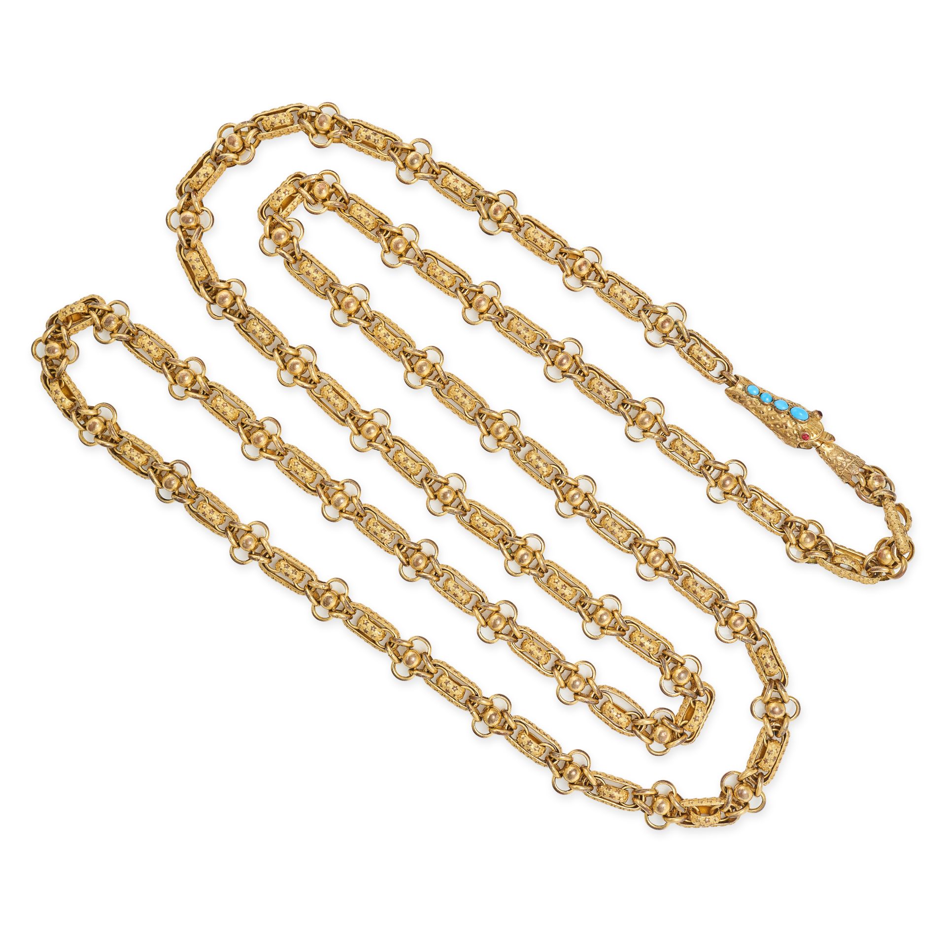 AN ANTIQUE SNAKE CHAIN NECKLACE comprising a row of fancy links with star decoration, the clasp d...