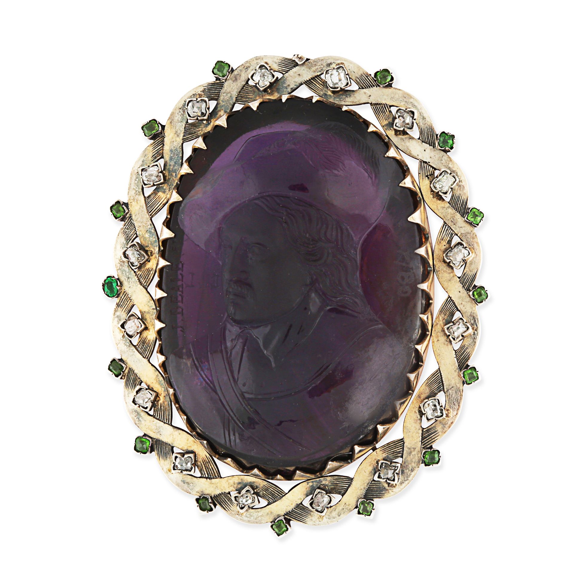 AN ANTIQUE DIAMOND, TSAVORITE GARNET AND CARVED AMETHSYT OLIVER CROMWELL CAMEO, 1780 set with an ...
