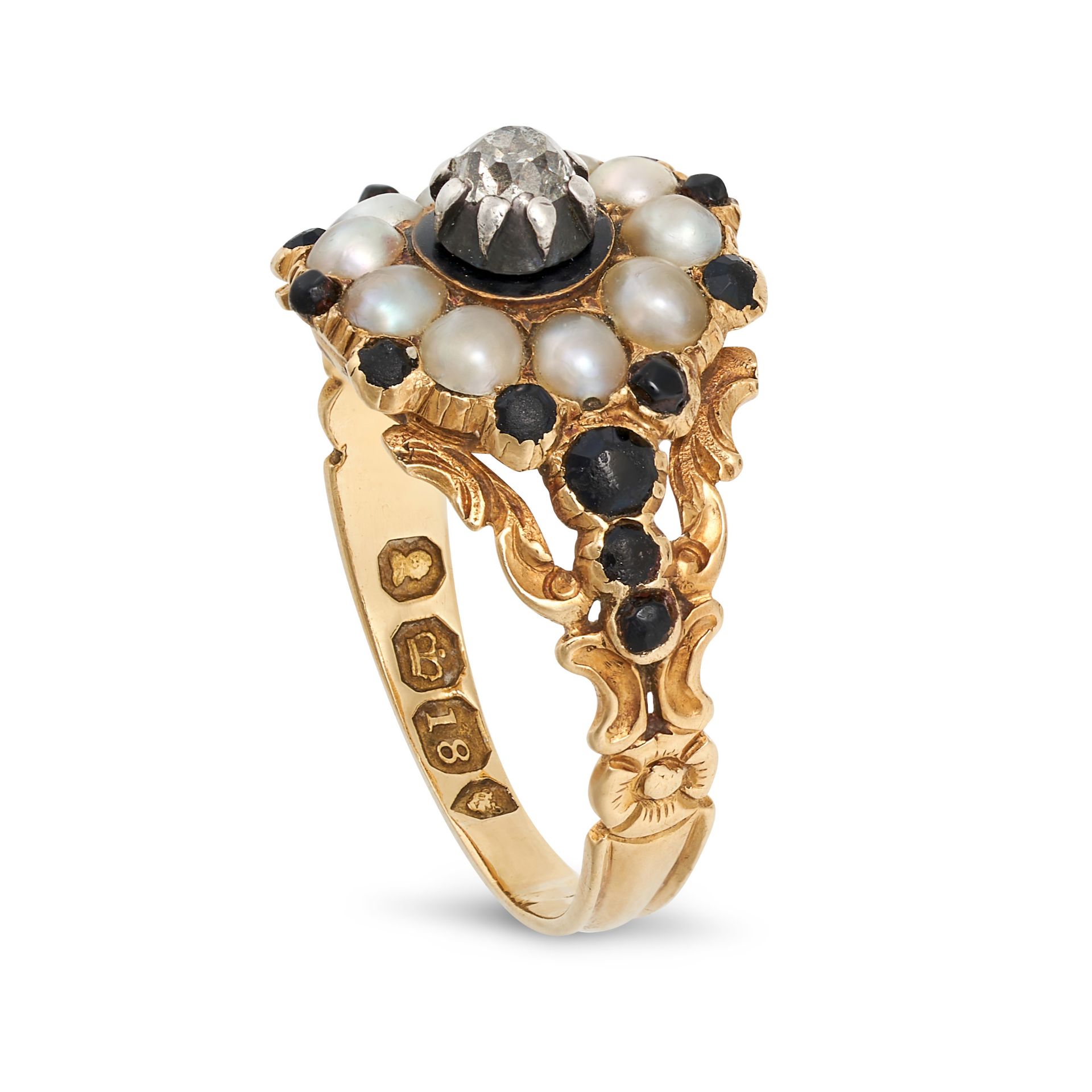 AN ANTIQUE GEORGIAN PEARL, JET AND DIAMOND MOURNING RING in 18ct yellow gold, set with an old cut... - Image 2 of 2