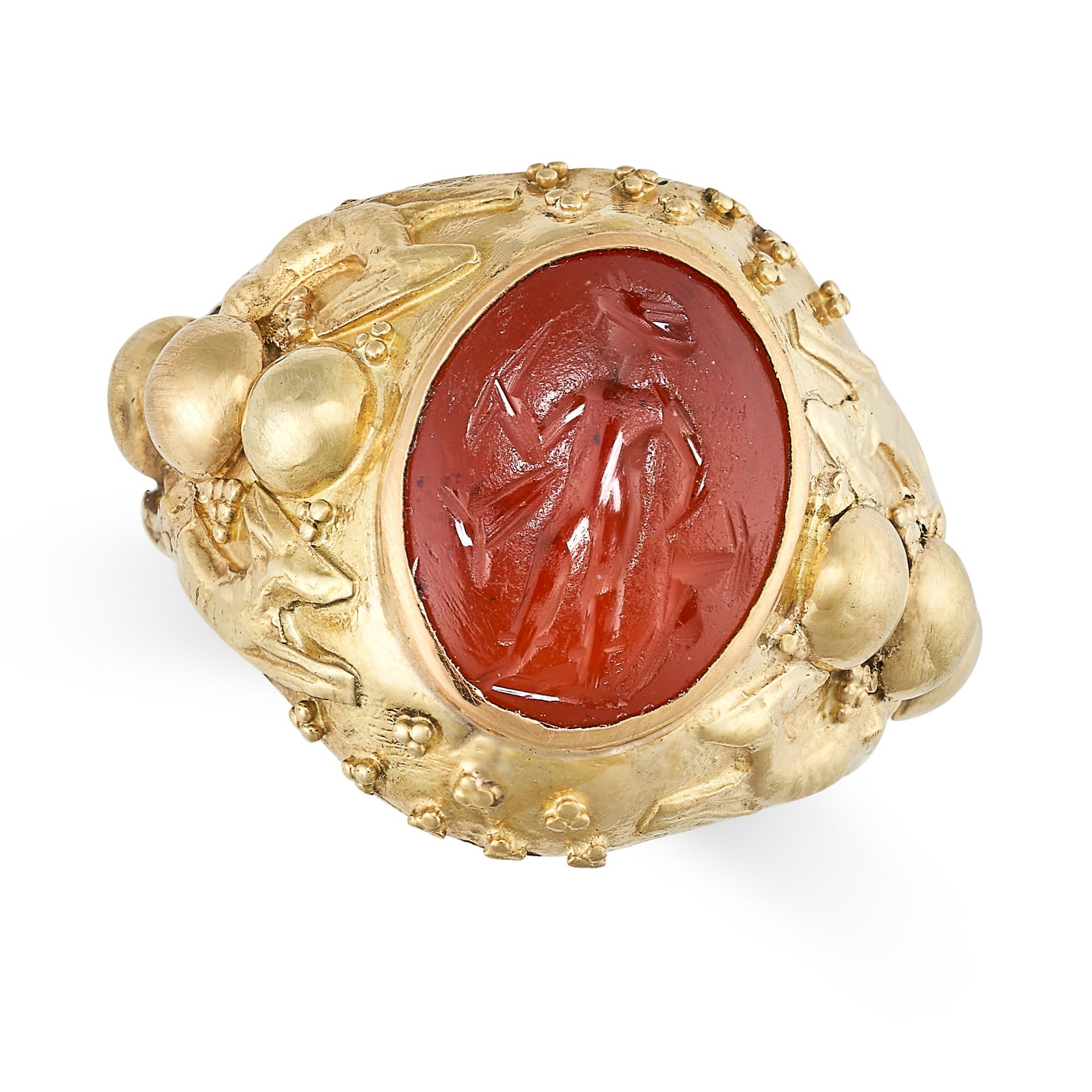 AN ANTIQUE CARNELIAN INTAGLIO RING in yellow gold, set with an oval carnelian intaglio carved to ... - Image 2 of 2