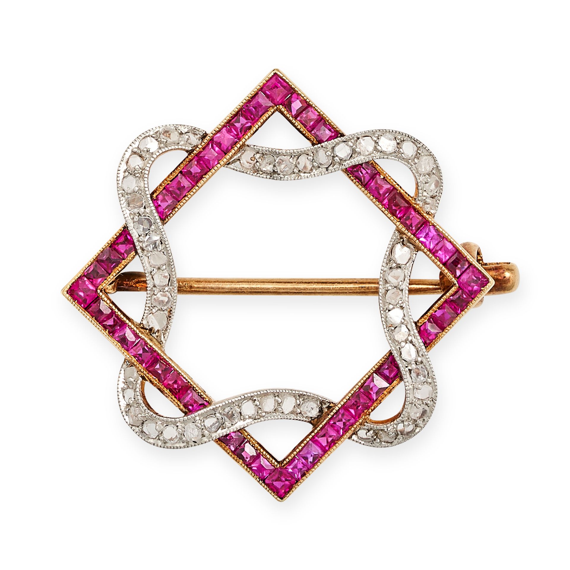 AN ANTIQUE RUBY AND DIAMOND BROOCH in yellow gold, comprising an openwork square set with square ...