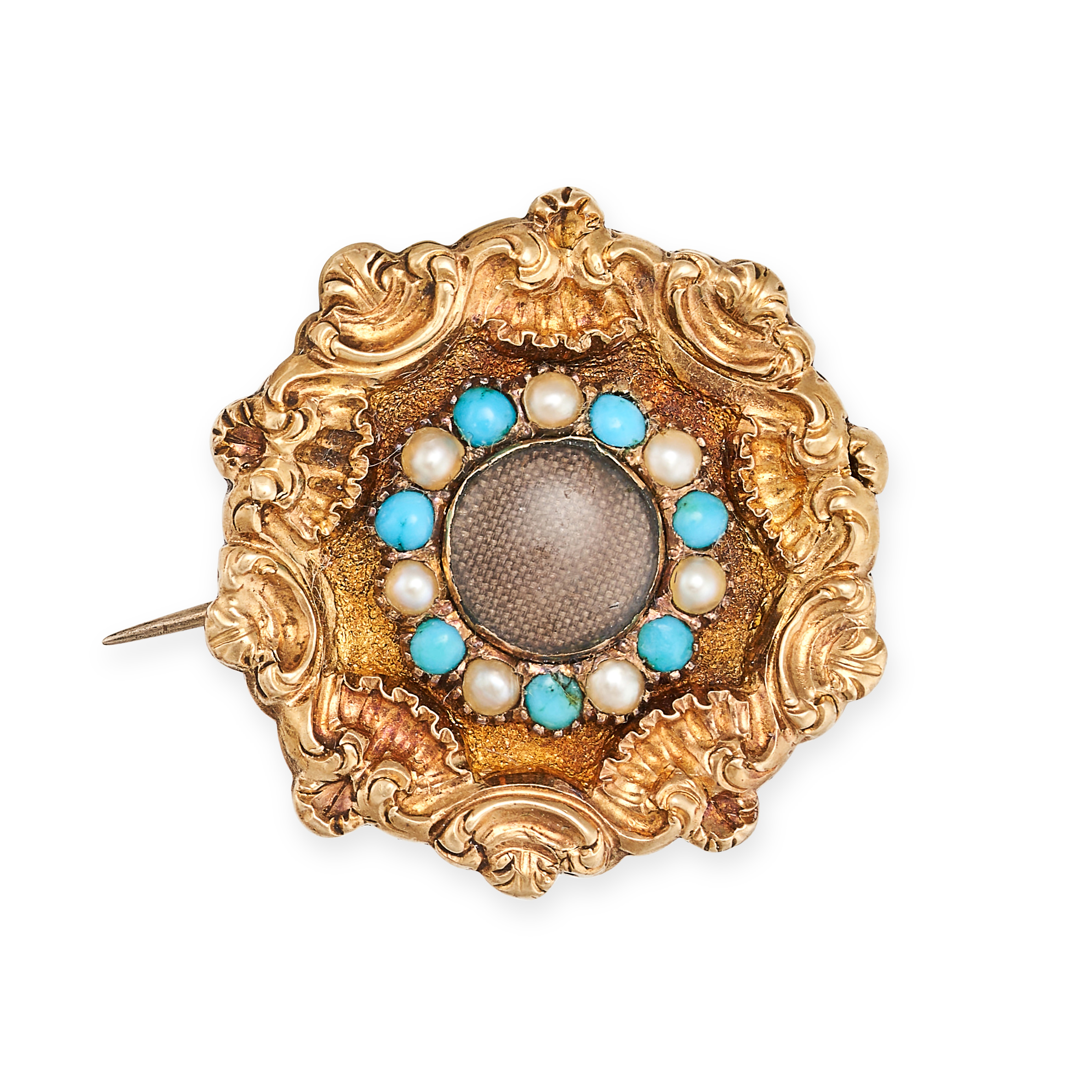 AN ANTIQUE TURQUOISE AND PEARL MOURNING BROOCH in yellow gold, set with a glass covered panel wit...