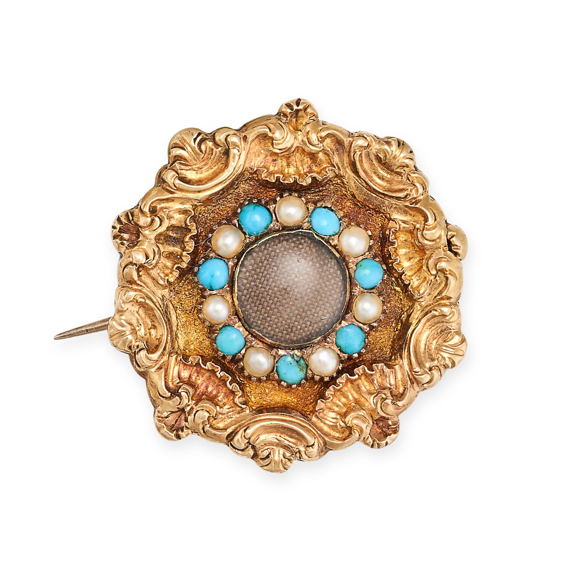 AN ANTIQUE TURQUOISE AND PEARL MOURNING BROOCH in yellow gold, set with a glass covered panel wit...