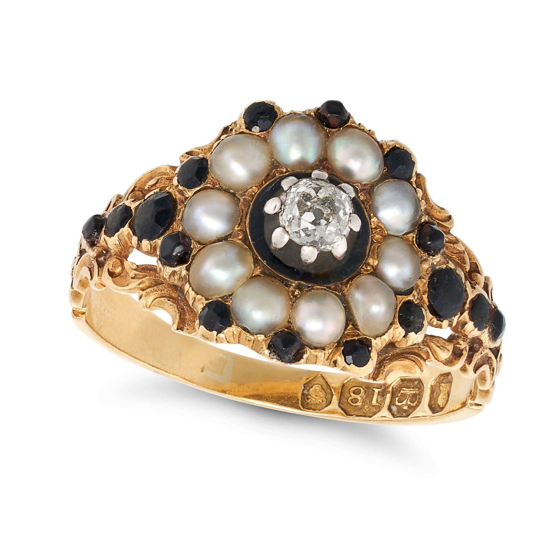AN ANTIQUE GEORGIAN PEARL, JET AND DIAMOND MOURNING RING in 18ct yellow gold, set with an old cut...