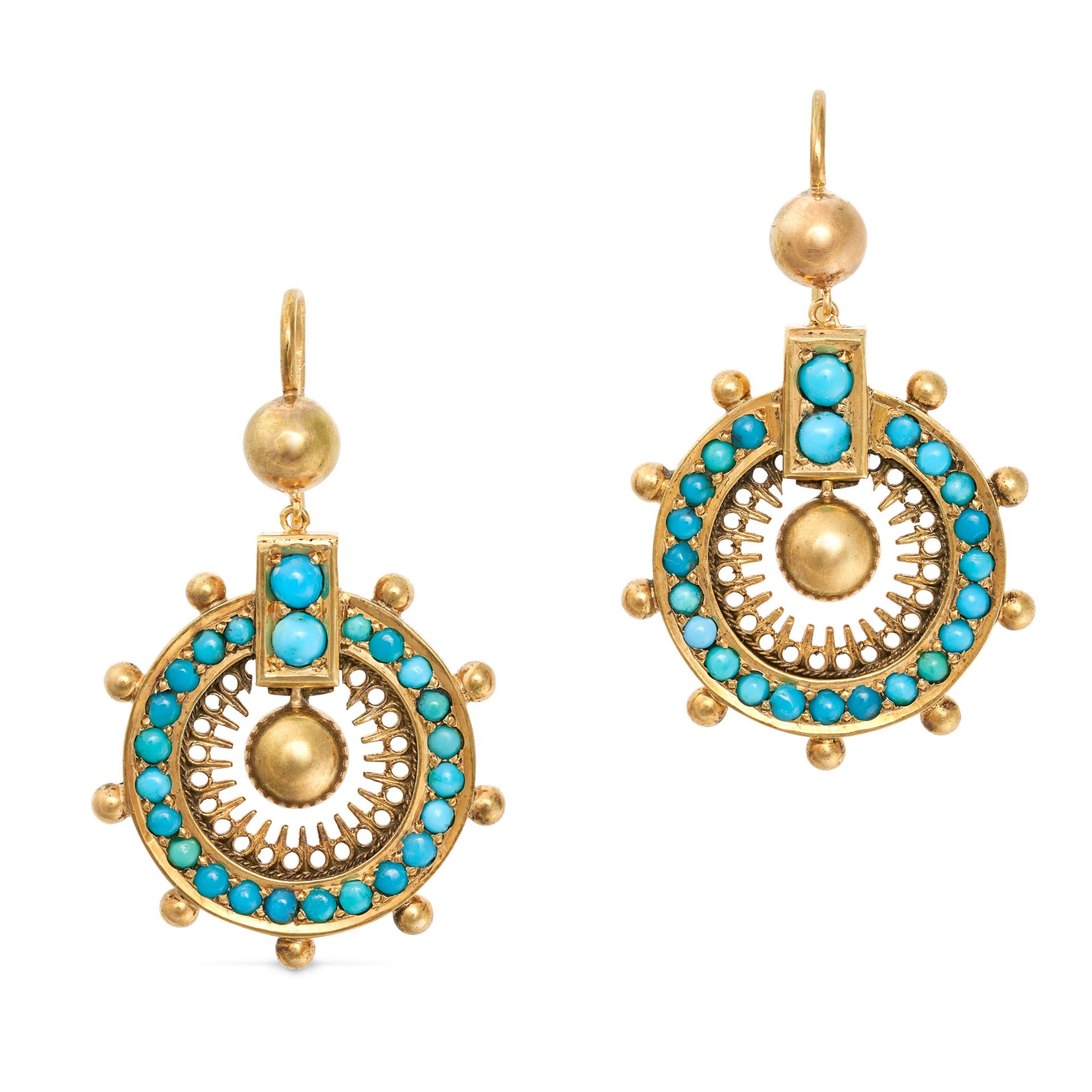 A PAIR OF ANTIQUE TURQUOISE DROP EARRINGS in yellow gold, each comprising a hoop set with a row o...