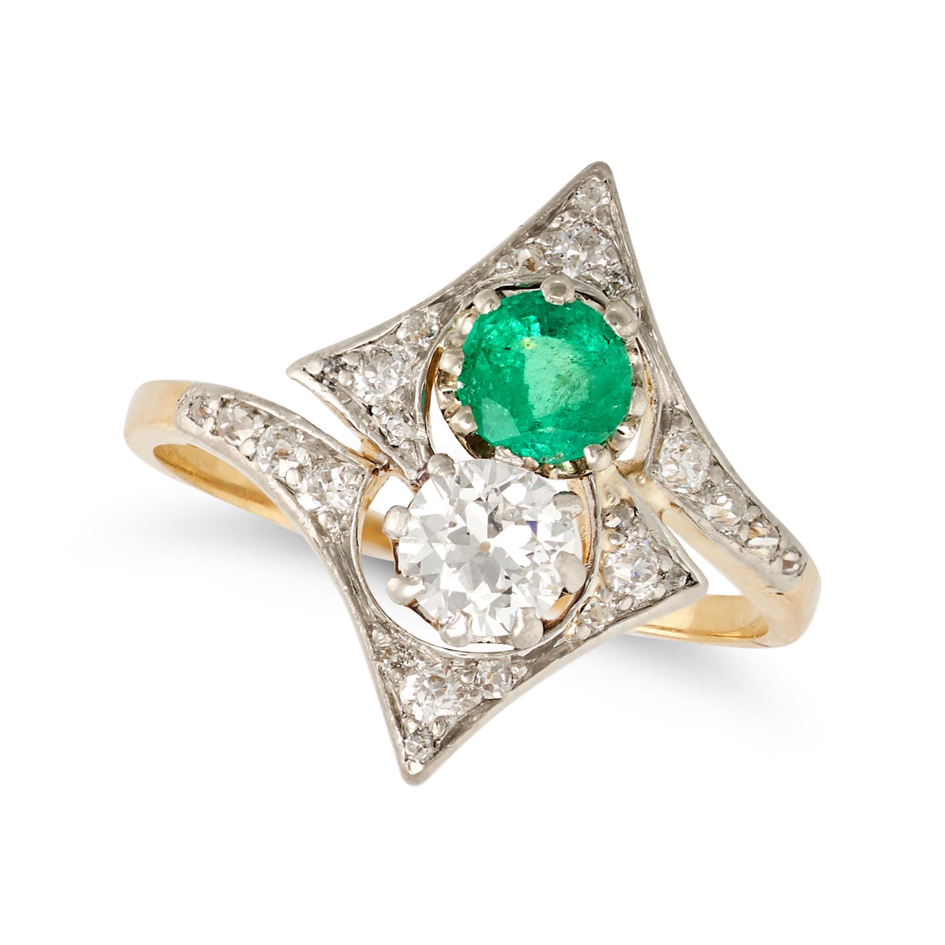 AN ANTIQUE EMERALD AND DIAMOND DRESS RING in yellow gold and platinum, set with an old European c...