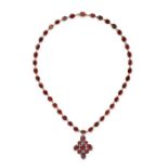 A GARNET RIVIERE NECKLACE, 19TH CENTURY AND LATER in yellow gold and silver, the necklace set wit...