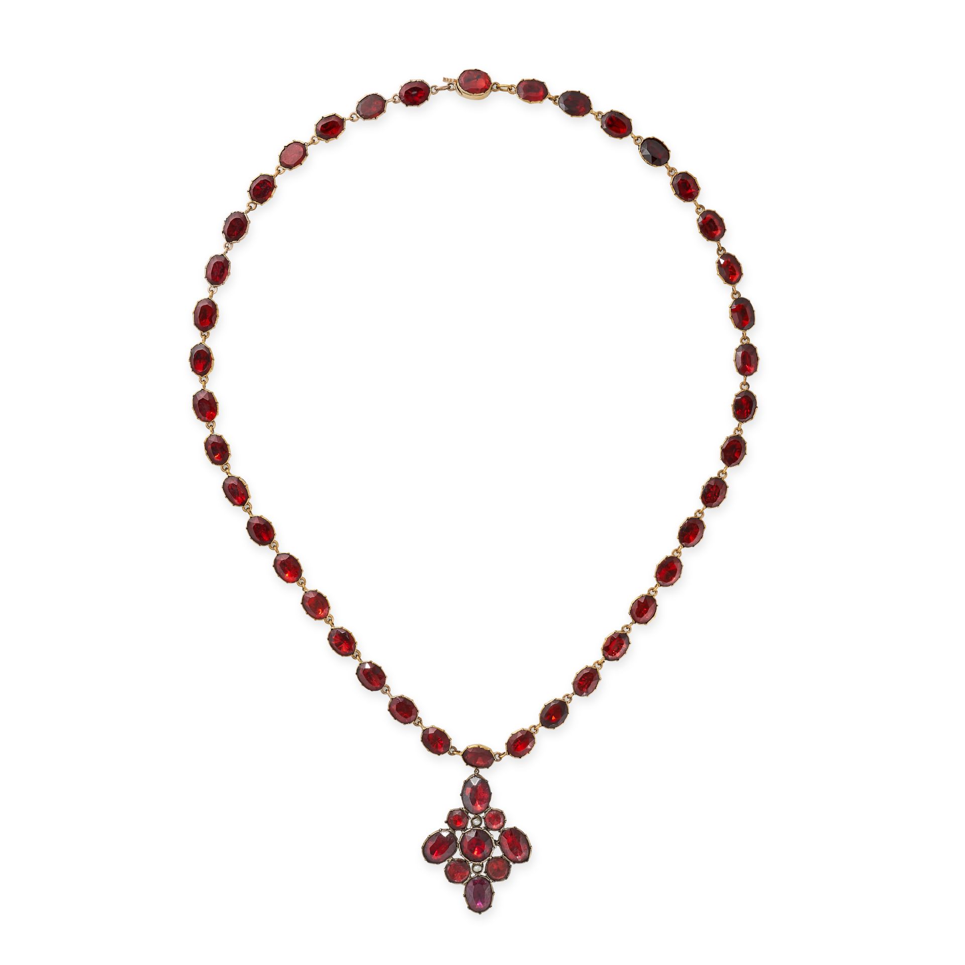 A GARNET RIVIERE NECKLACE, 19TH CENTURY AND LATER in yellow gold and silver, the necklace set wit...