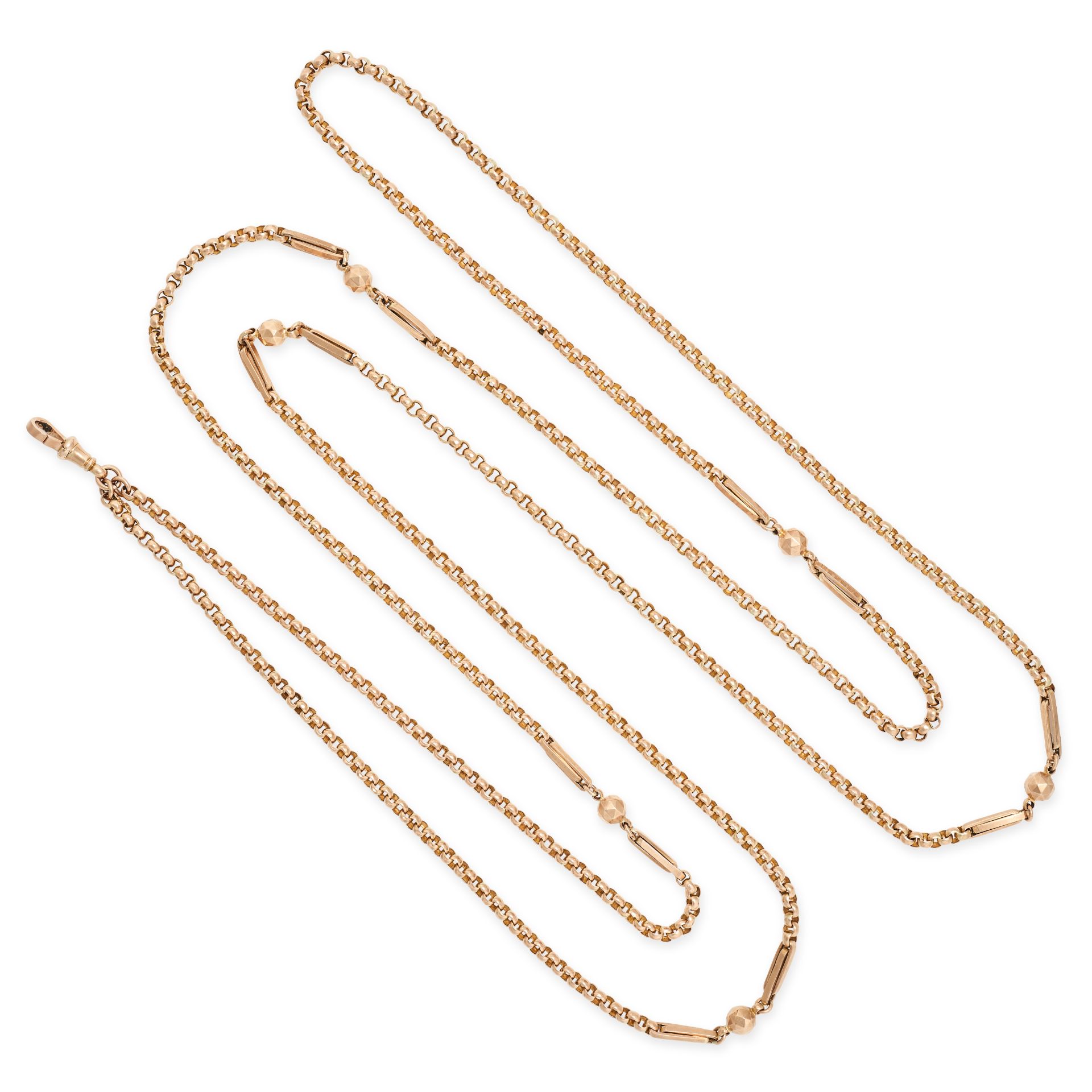 AN ANTIQUE GUARD CHAIN NECKLACE, 19TH CENTURY in yellow gold, comprising a row of fancy links acc...