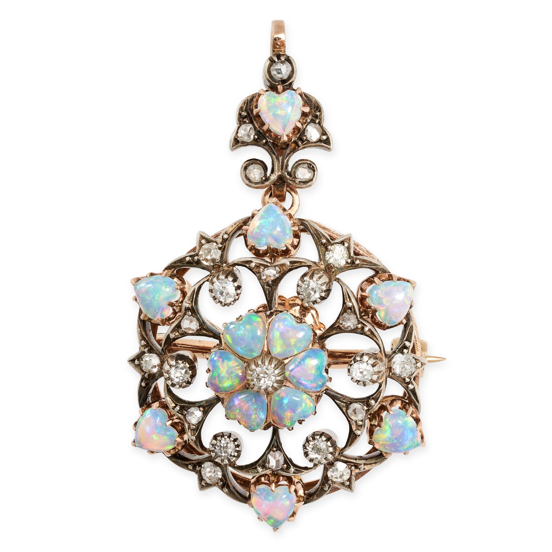 AN ANTIQUE VICTORIAN OPAL AND DIAMOND BROOCH / PENDANT in yellow gold and silver, the openwork bo...