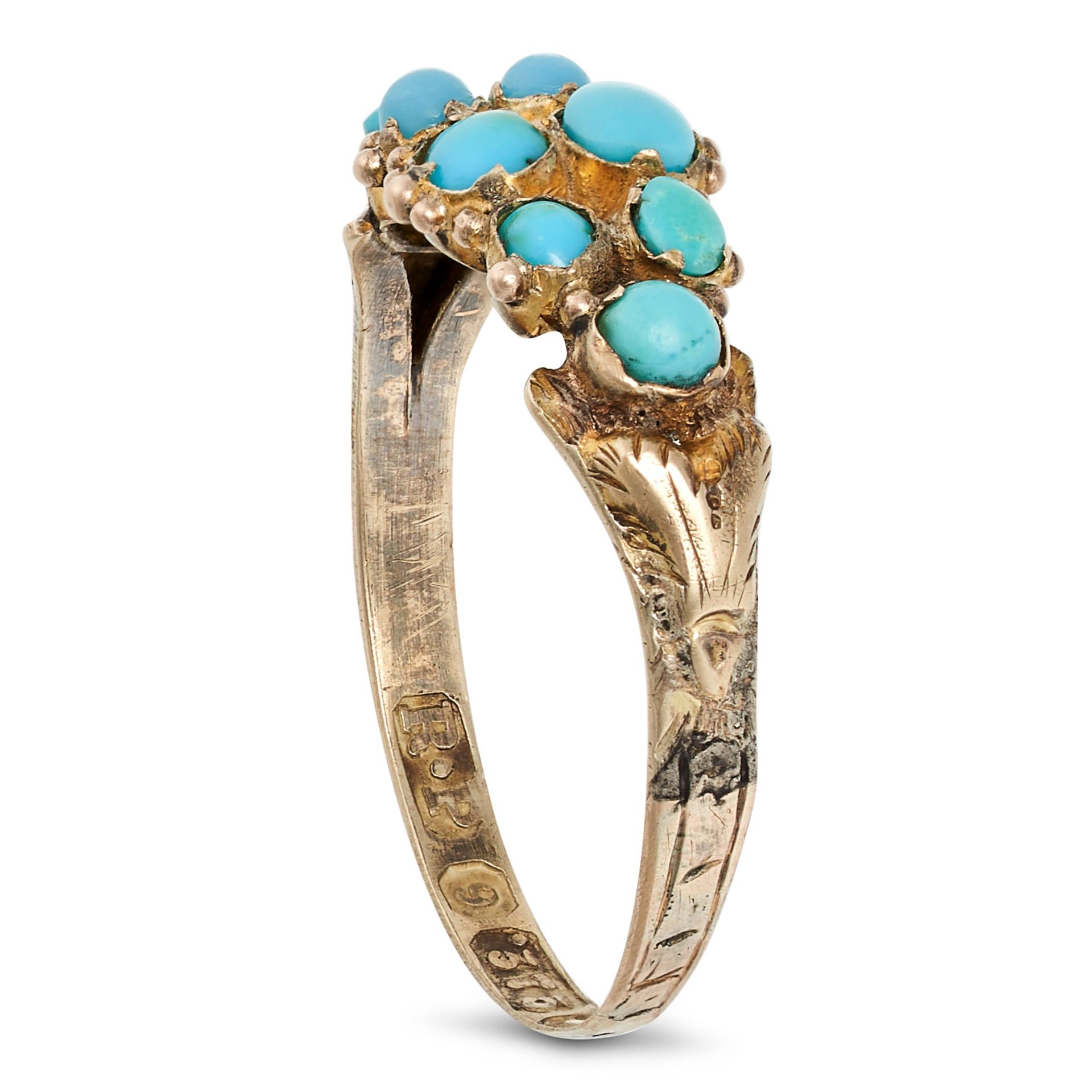 AN ANTIQUE VICTORIAN TURQUOISE RING in 9ct yellow gold, set with a cluster of cabochon cut turquo... - Image 2 of 2