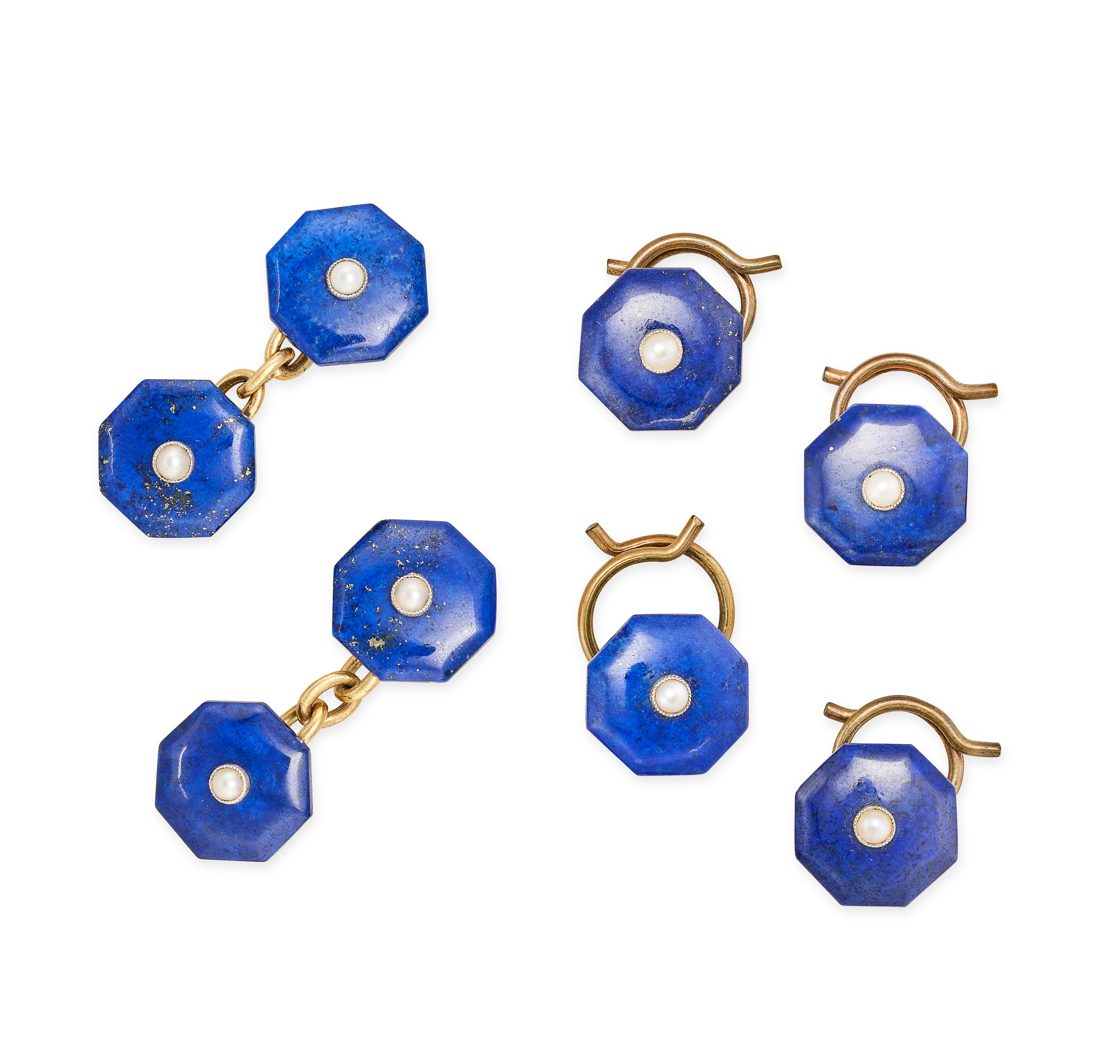 AN ANTIQUE LAPIS LAZULI AND PEARL DRESS SET in 18ct yellow gold and platinum, comprising a pair o...