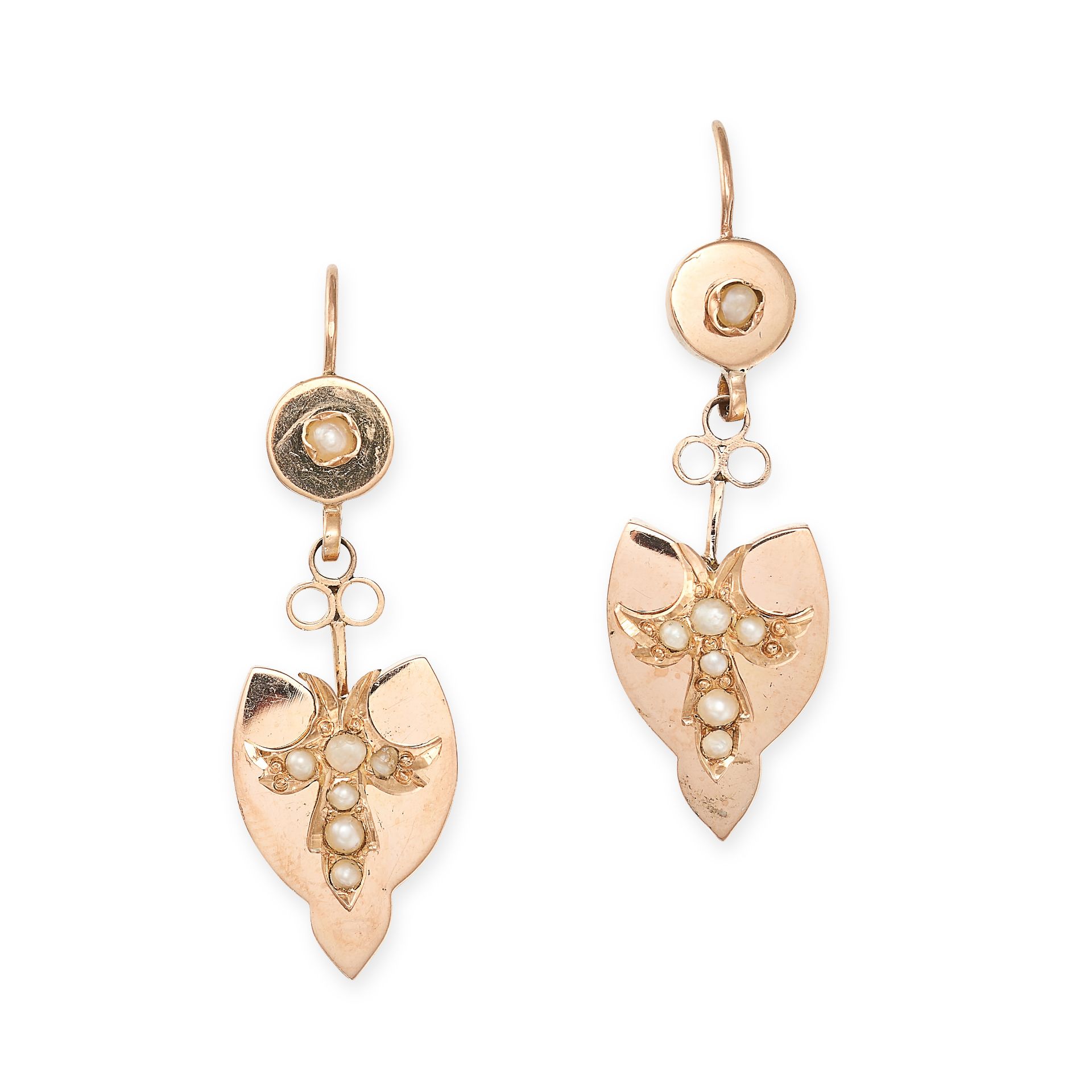 A PAIR OF ANTIQUE VICTORIAN PEARL DROP EARRINGS in yellow gold, each comprising a shield shaped d...