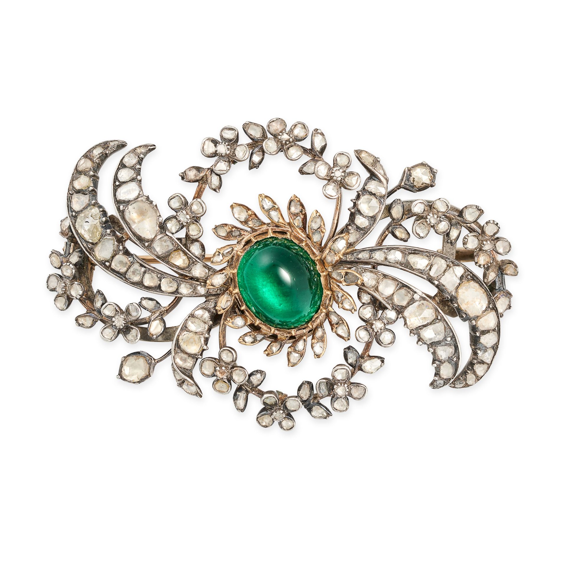 AN ANTIQUE GREEN PASTE AND DIAMOND BROOCH, EARLY 19TH CENTURY in scrolling foliate design, set to...