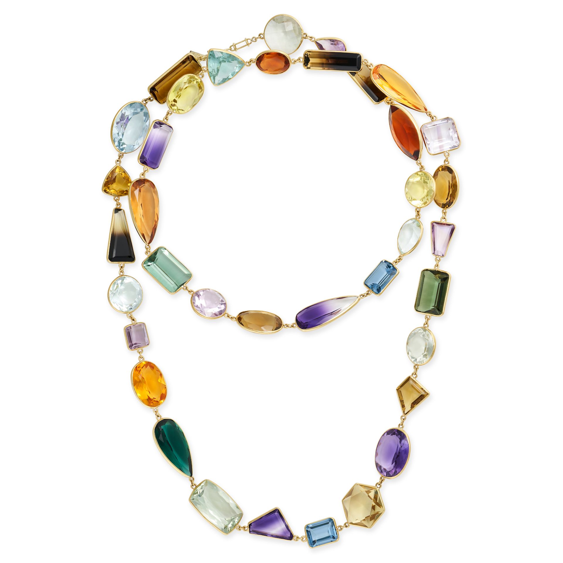 A GEMSET SAUTOIR NECKLACE in 18ct yellow gold, comprising a row of variously cut amethysts, citri...