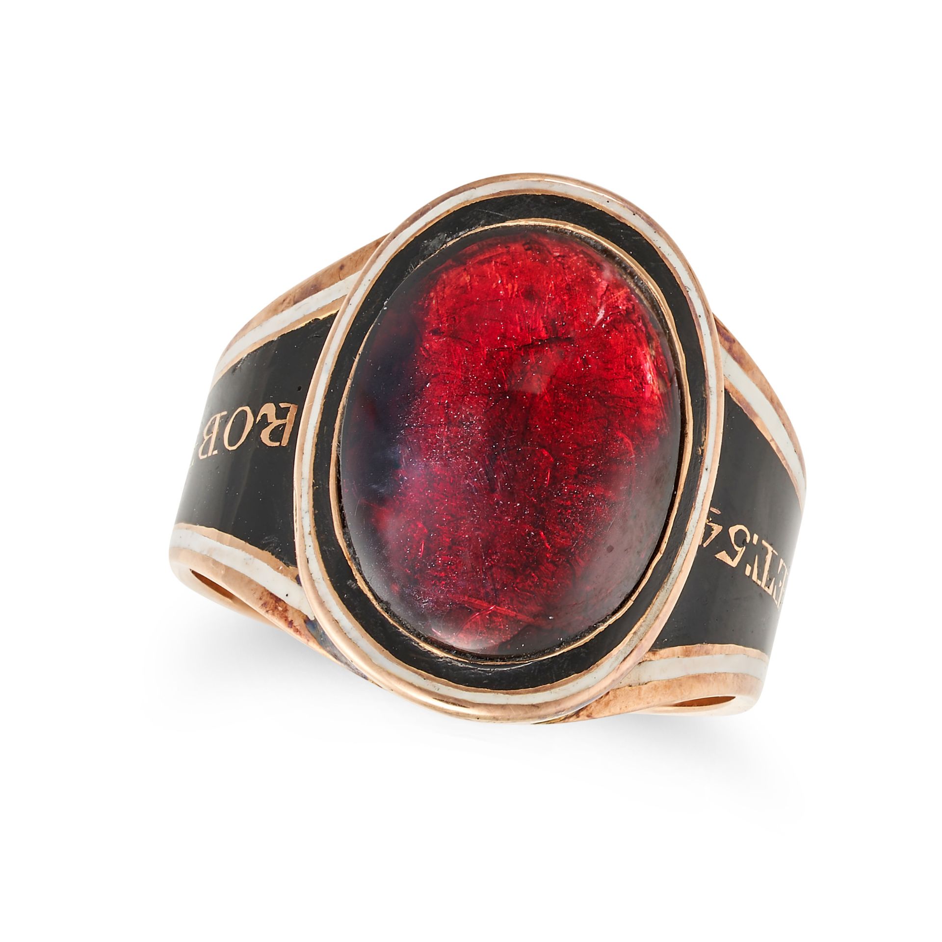 AN ANTIQUE GEORGIAN GARNET AND ENAMEL MOURNING RING in yellow gold, set with a cabochon garnet in...