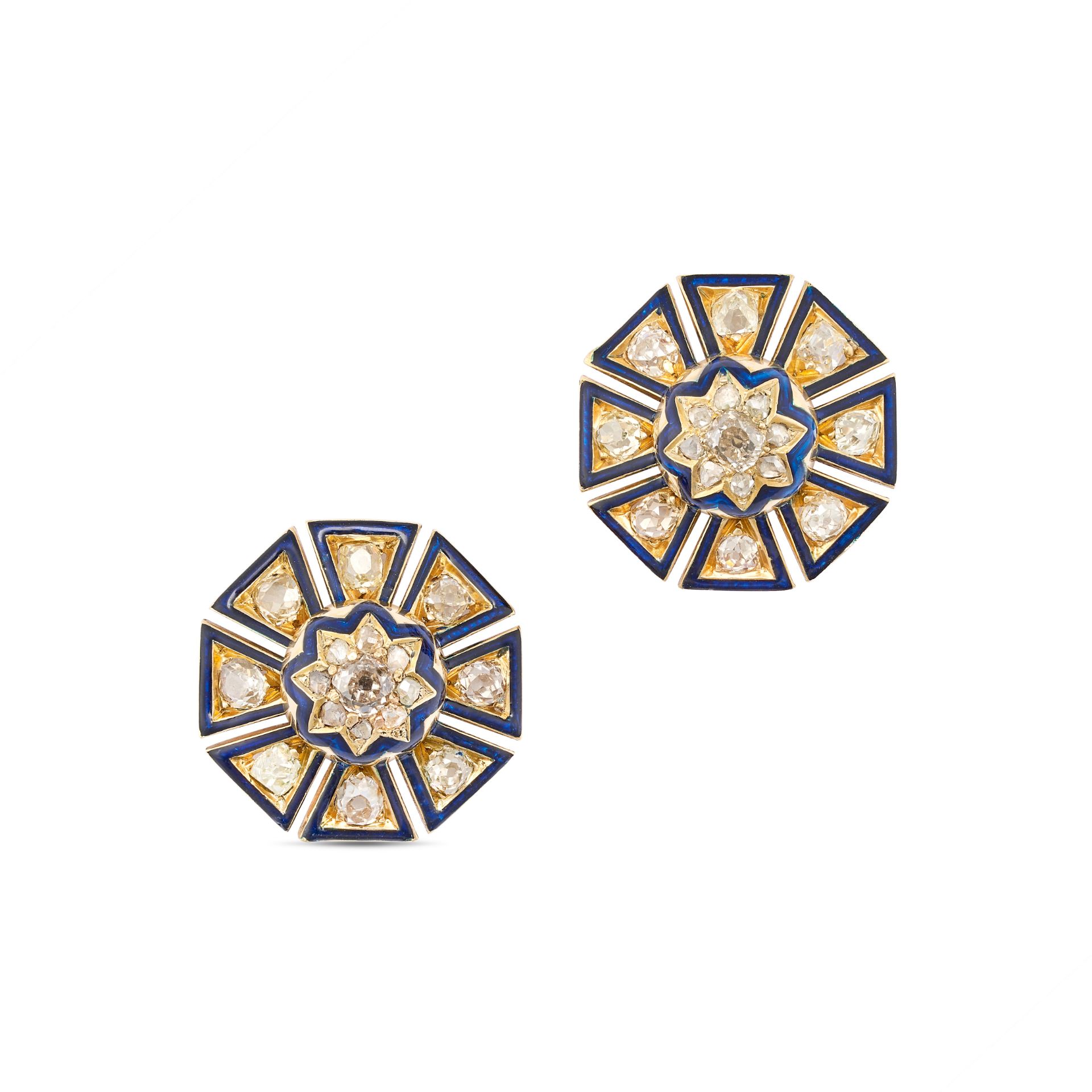 A PAIR OF ANTIQUE DIAMOND AND ENAMEL CLUSTER EARRINGS in yellow gold, set with a cluster of old a...