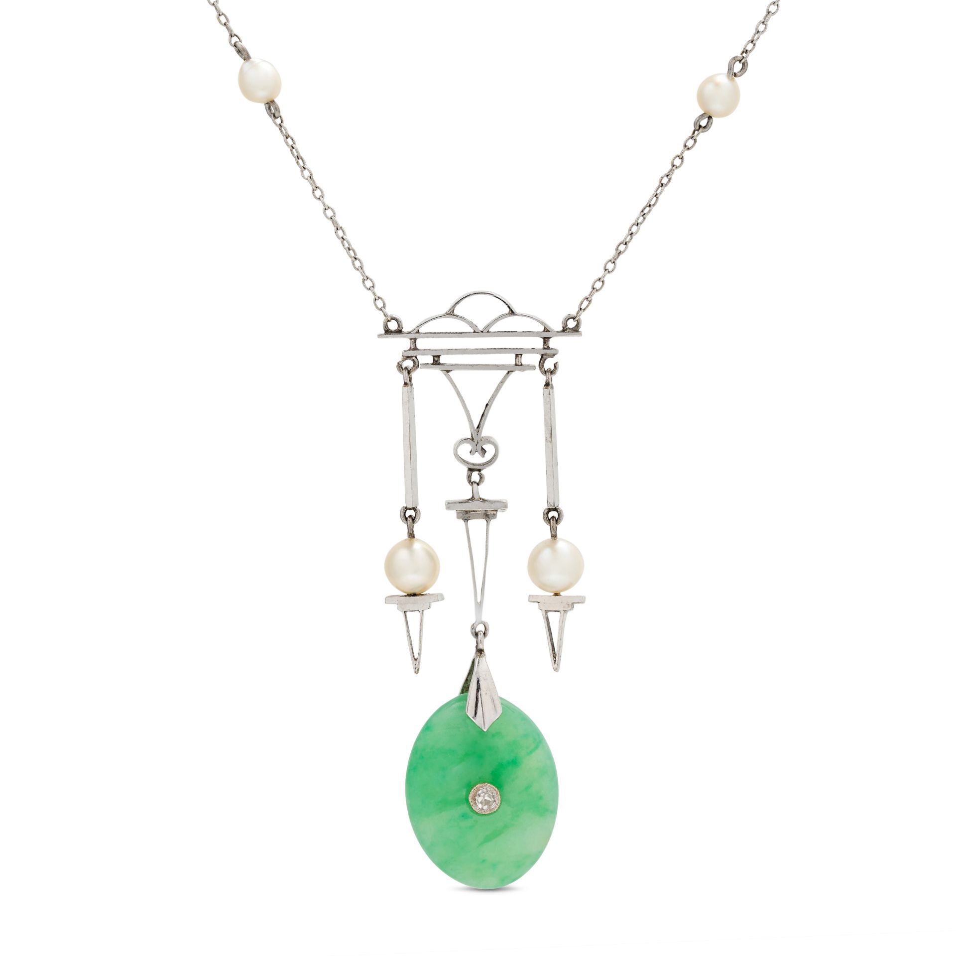 A JADEITE JADE AND PEARL PENDANT NECKLACE in 9ct white gold, the pendant suspending a polished ja...