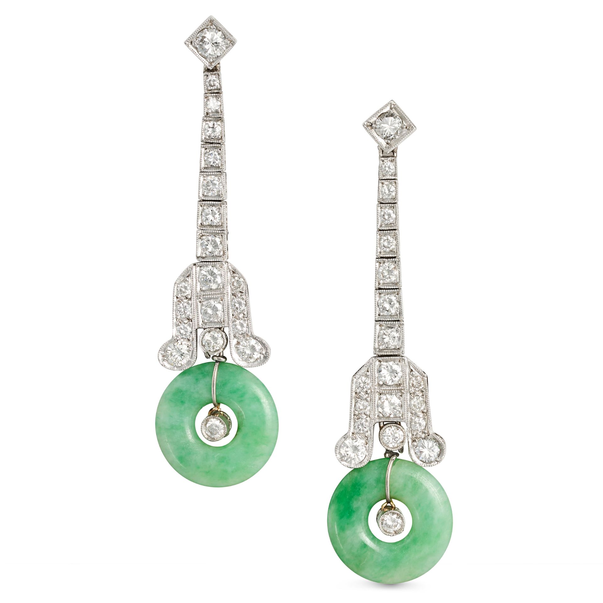 A PAIR OF JADEITE JADE AND DIAMOND DROP EARRINGS in white gold, the geometric bodies set with rou...