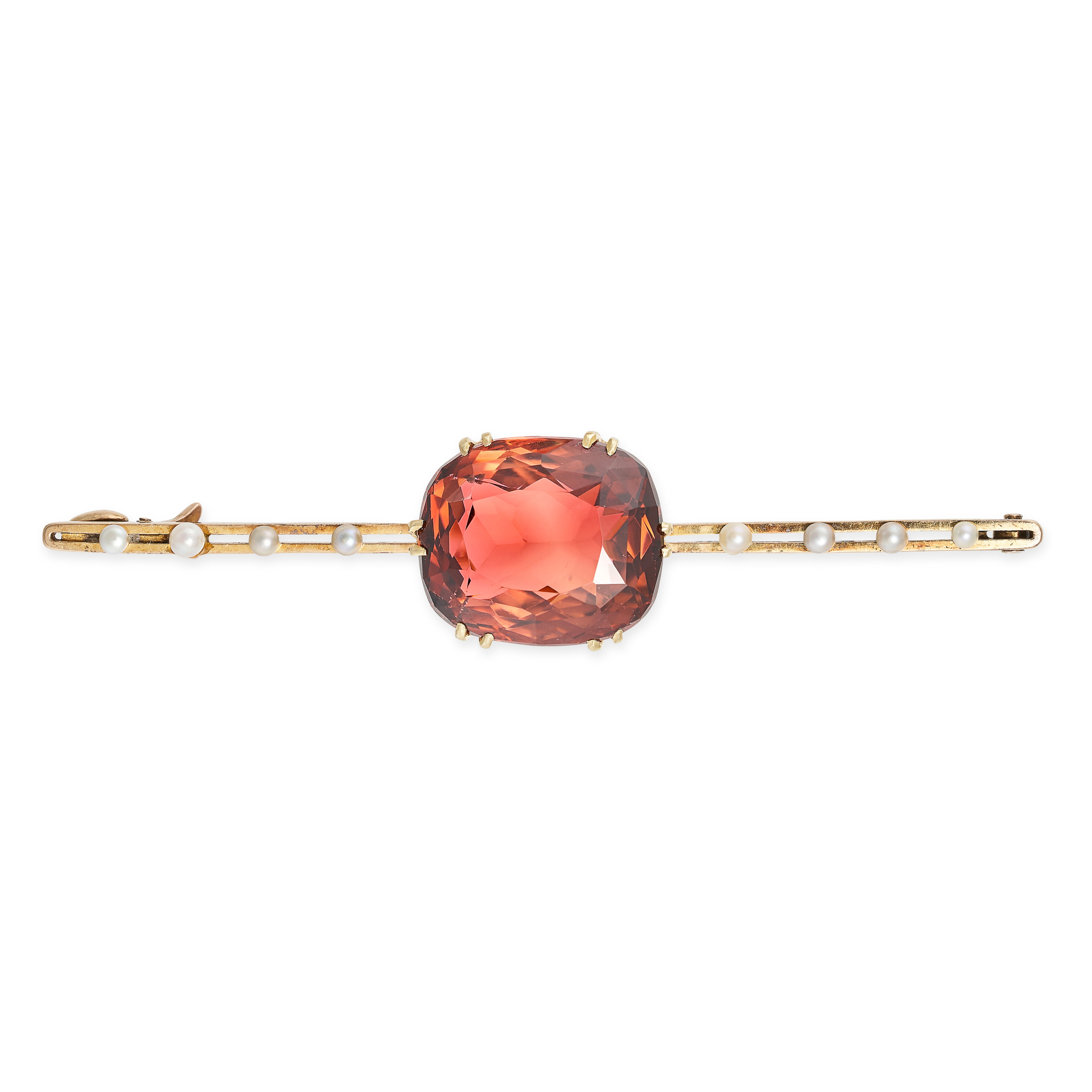 AN ANTIQUE PINK TOURMALINE AND PEARL BAR BROOCH in 15ct yellow gold, set with a cushion cut pink ...