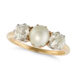 A VINTAGE PEARL AND DIAMOND THREE STONE RING in yellow gold, set with a pearl of 6.4mm between tw...