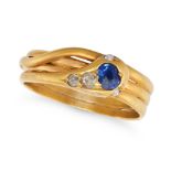 AN ANTIQUE SAPPHIRE AND DIAMOND SNAKE RING in 18ct yellow gold, designed as a coiled snake, the h...