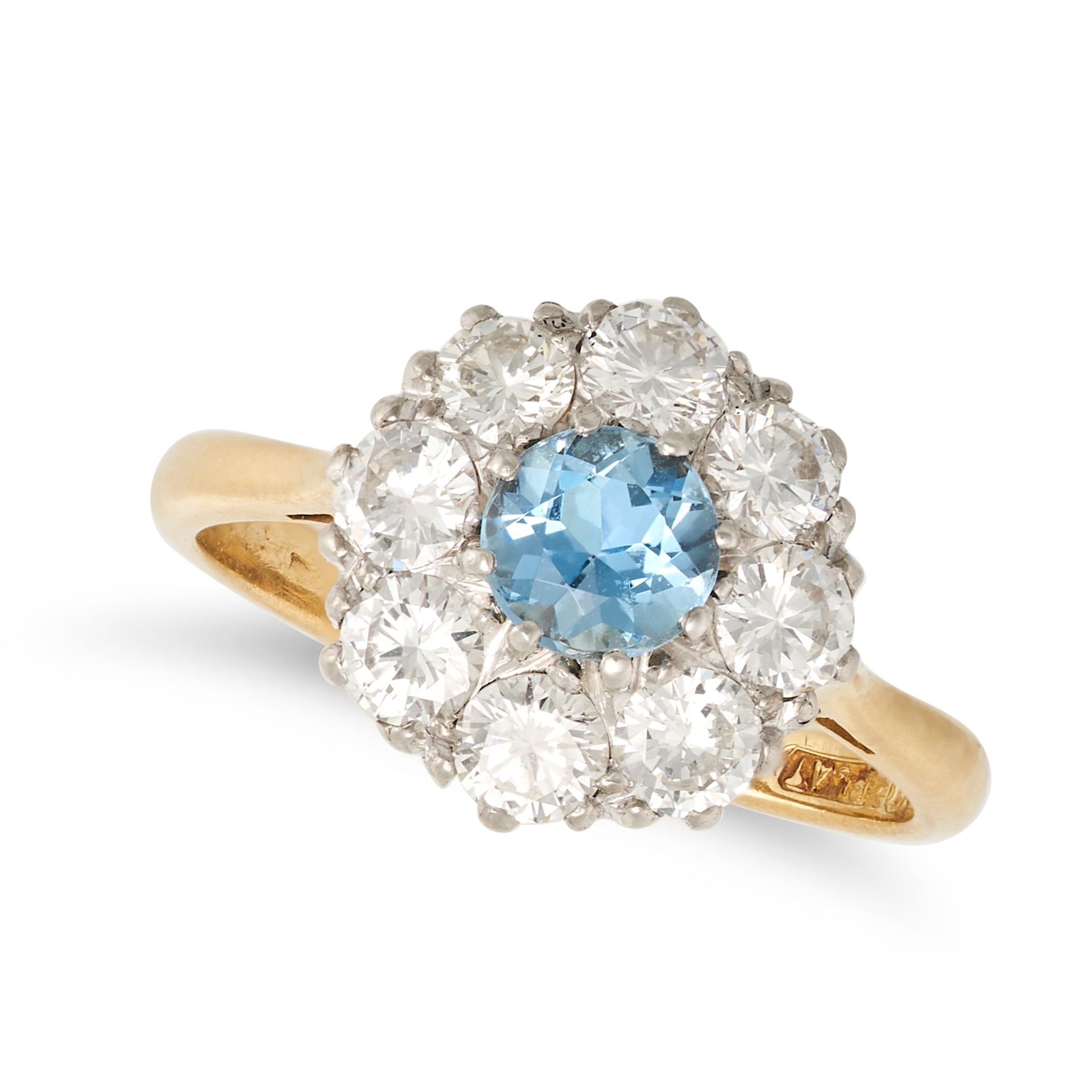 AN AQUAMARINE AND DIAMOND CLUSTER RING in 18ct yellow gold and platinum, set with a round cut aqu...