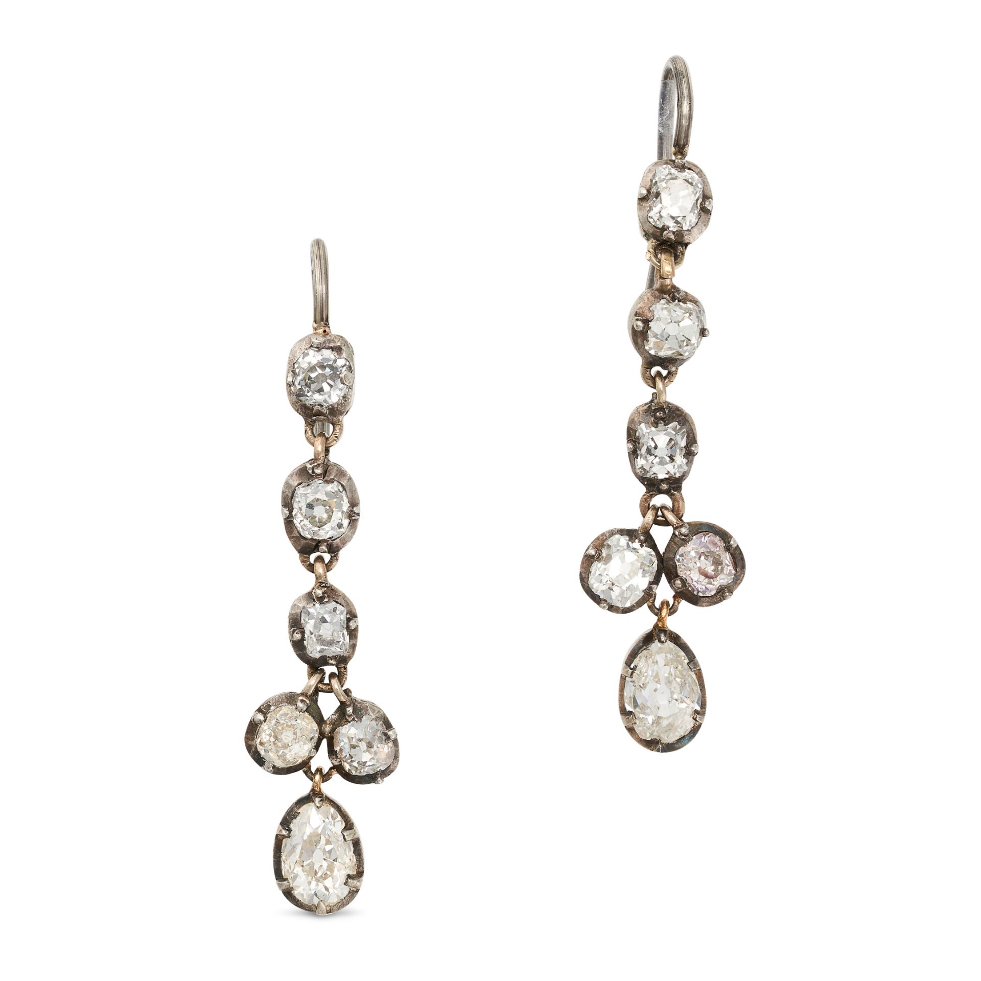 A PAIR OF ANTIQUE DIAMOND DROP EARRINGS in yellow gold and silver, the articulated bodies set wit...