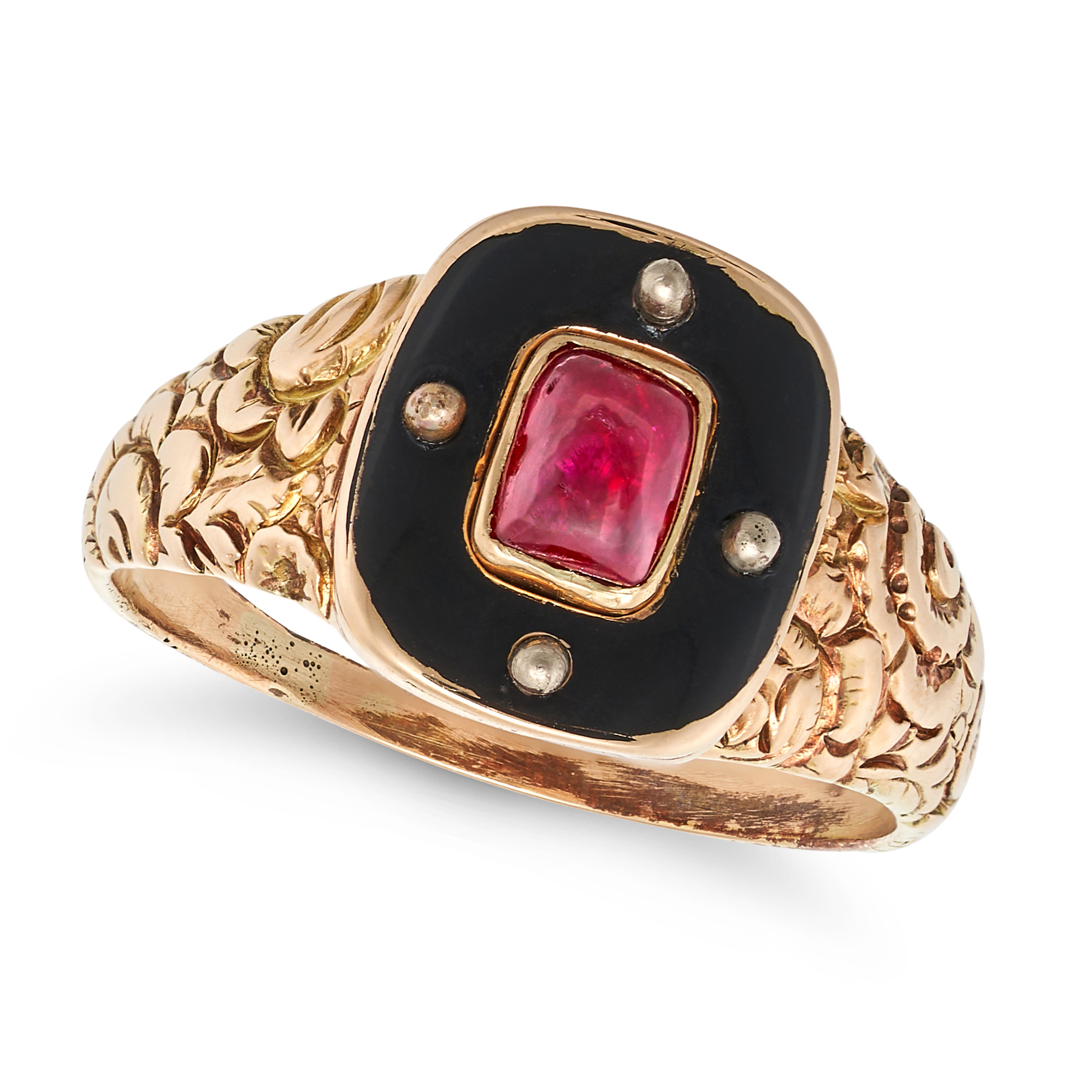 AN ANTIQUE GEORGIAN RUBY AND ENAMEL MOURNING RING in yellow gold, set with a cabochon cut ruby in...