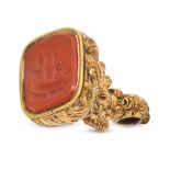 AN ANTIQUE CARNELIAN INTAGLIO FOB SEAL the ornate body designed as a dog hunting ducks, set with ...