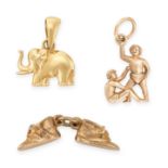 THREE VINTAGE GOLD CHARMS / PENDANTS one in 18ct yellow gold, designed as an elephant, stamped 75...