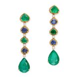A PAIR OF EMERALD, SAPPHIRE AND DIAMOND DROP EARRINGS in yellow gold, each set with a row of alte...