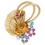 A VINTAGE RUBY, SAPPHIRE, EMERALD AND DIAMOND BROOCH in 18ct yellow gold, designed as a stylised ...