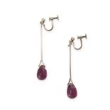 A PAIR OF VINTAGE GLASS DROP EARRINGS in silver, each comprising a bar suspending a purple glass ...