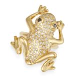 A DIAMOND FROG RING in yellow gold, designed as a frog set with round brilliant cut diamonds, rou...