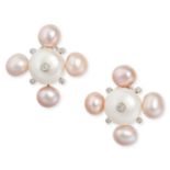 A PAIR OF PEARL AND DIAMOND CLUSTER CLIP EARRINGS in 18ct white gold, each set with a central whi...