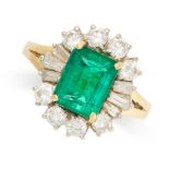 A VINTAGE EMERALD AND DIAMOND CLUSTER RING in 18ct yellow gold, set with an octagonal step cut em...