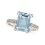 AN AQUAMARINE AND DIAMOND RING in 18ct white gold, set with an octagonal step cut aquamarine of 1...