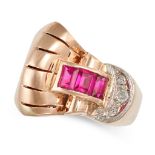 A RETRO SYNTHETIC RUBY AND DIAMOND RING in 18ct yellow gold, set with a row of rectangular step c...
