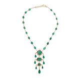 AN EMERALD, DIAMOND AND ENAMEL PENDANT NECKLACE in yellow gold, the pendant set with carved emera...
