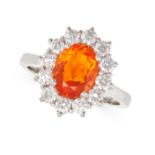 A FIRE OPAL AND DIAMOND CLUSTER RING in 18ct white gold, set with an oval cut fire opal of 1.40 c...