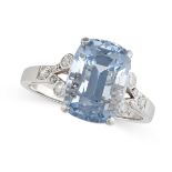 AN AQUAMARINE AND DIAMOND RING in white gold, set with a cushion cut aquamarine of 6.56 carats to...