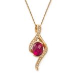A RUBELLITE TOURMALINE AND DIAMOND PENDANT NECKLACE in 14ct yellow gold, in scrolling design set ...