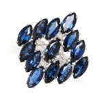 A SAPPHIRE AND DIAMOND DRESS RING set with a cluster of marquise cut sapphires and brilliant cut ...