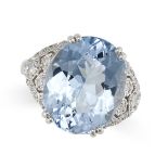 AN AQUAMARINE AND DIAMOND RING in platinum set with an oval cut aquamarine of 9.21 carats to diam...
