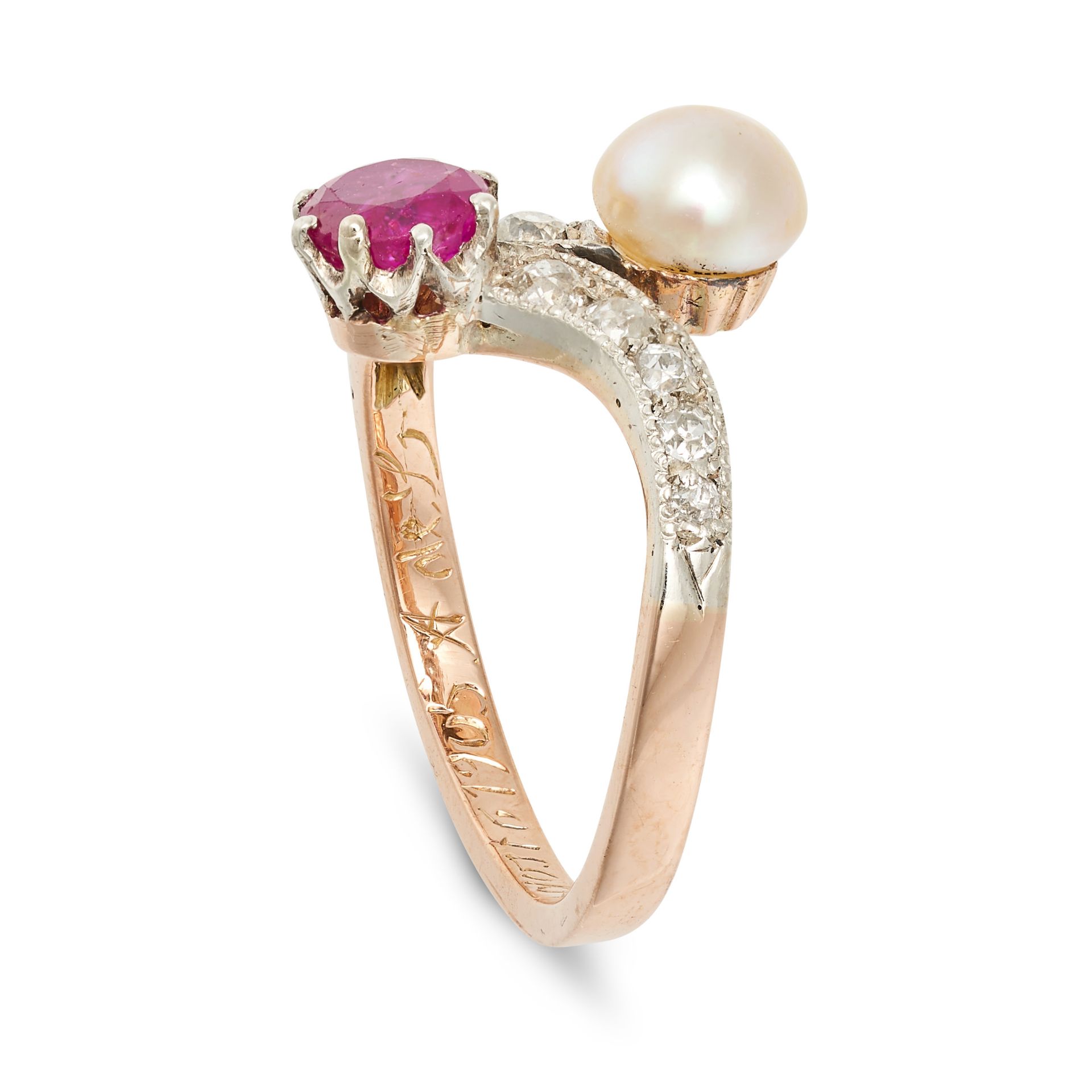AN ANTIQUE FRENCH RUBY, PEARL AND DIAMOND TOI ET MOI RING set with a round cut ruby and a pearl a... - Image 2 of 2