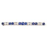 AN ANTIQUE SAPPHIRE AND DIAMOND BAR BROOCH in yellow gold, comprising a row of round cut sapphire...